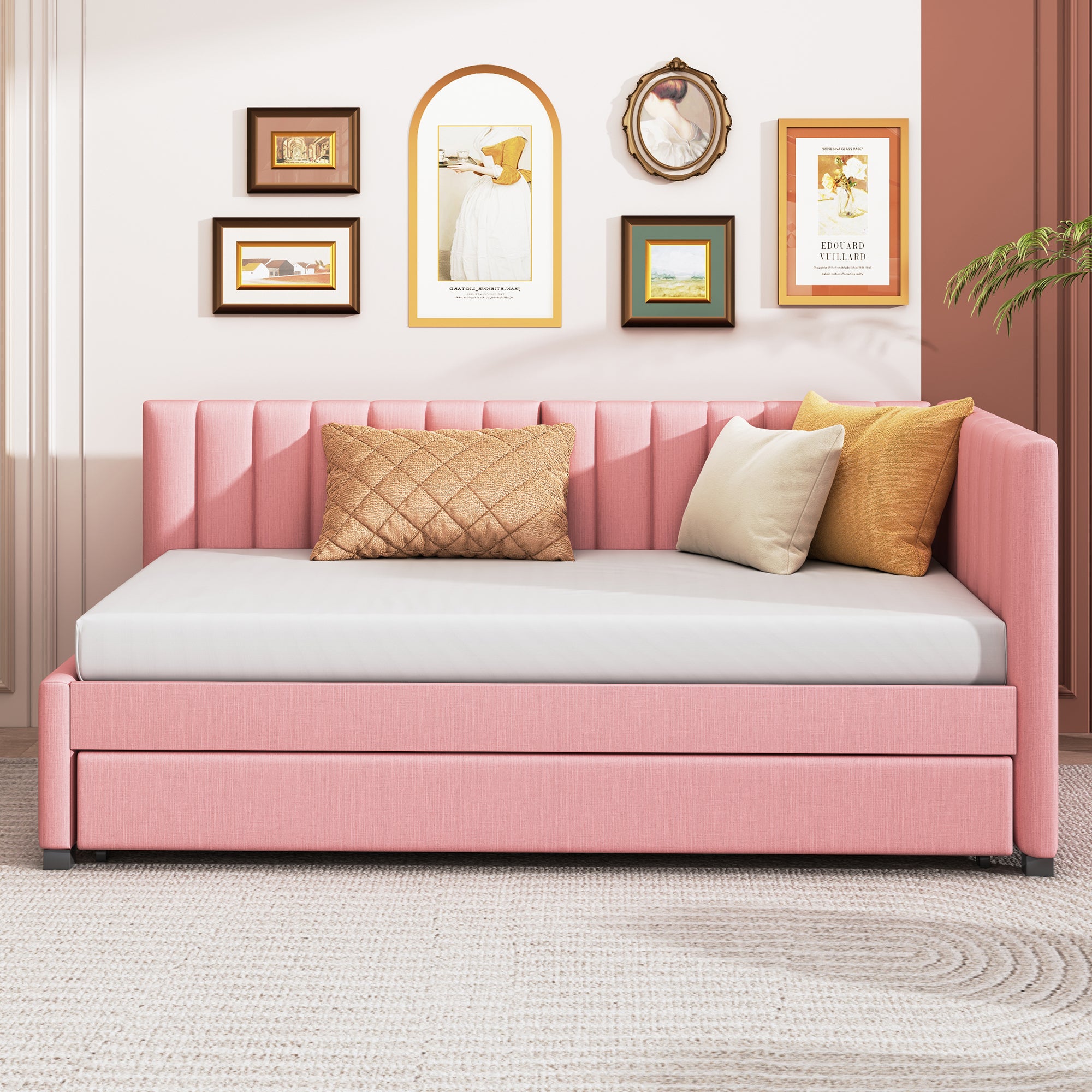 Upholstered Daybed with Trundle Twin Size Sofa Bed Frame No Box Spring Needed, Linen Fabric(Pink) - Atlantic Fine Furniture Melbourne FL
