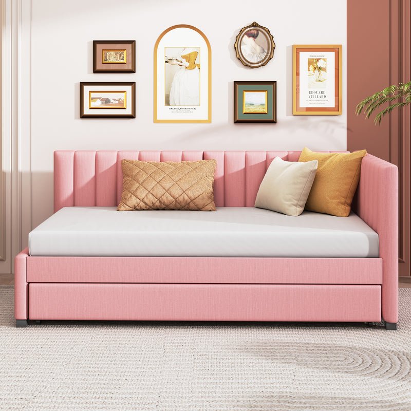 Upholstered Daybed with Trundle Twin Size Sofa Bed Frame No Box Spring Needed, Linen Fabric(Pink)