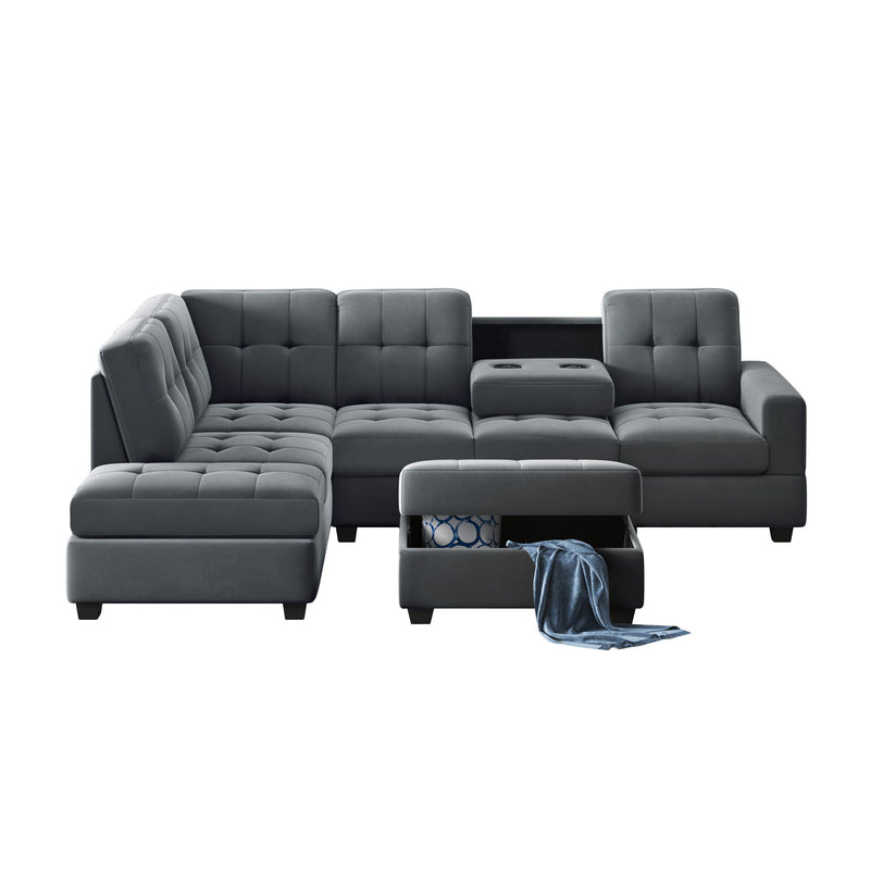 Sectional Sofa With Reversible Chaise Lounge, L-Shaped Couch With Storage Ottoman And Cup Holders