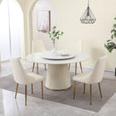 Modern Sintered Stone Dining Table With Turntable And Wood Metal Pedestal With 4 Chairs - Beige / White