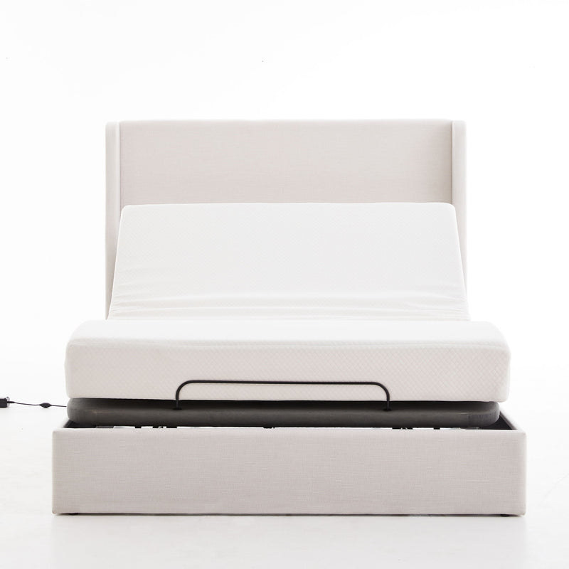 Caron - Queen Size Upholstered Wingback Bed With Adjustable Base Bundle Set - Ivory
