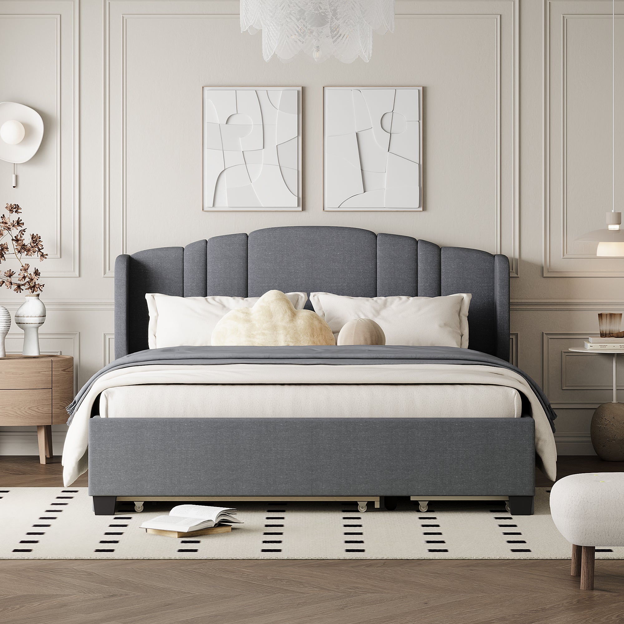 Upholstered Platform Bed with Wingback Headboard, One Twin Trundle and 2 Drawers, No Box Spring Needed, Linen Fabric, Queen Size Gray - Atlantic Fine Furniture Melbourne FL