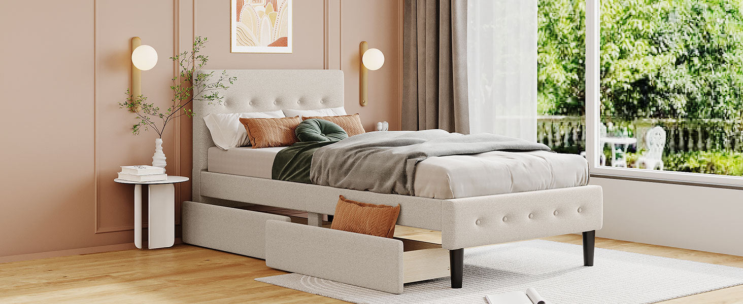 Twin Size Upholstered Platform Bed with 2 Drawers, Beige - Atlantic Fine Furniture Melbourne FL