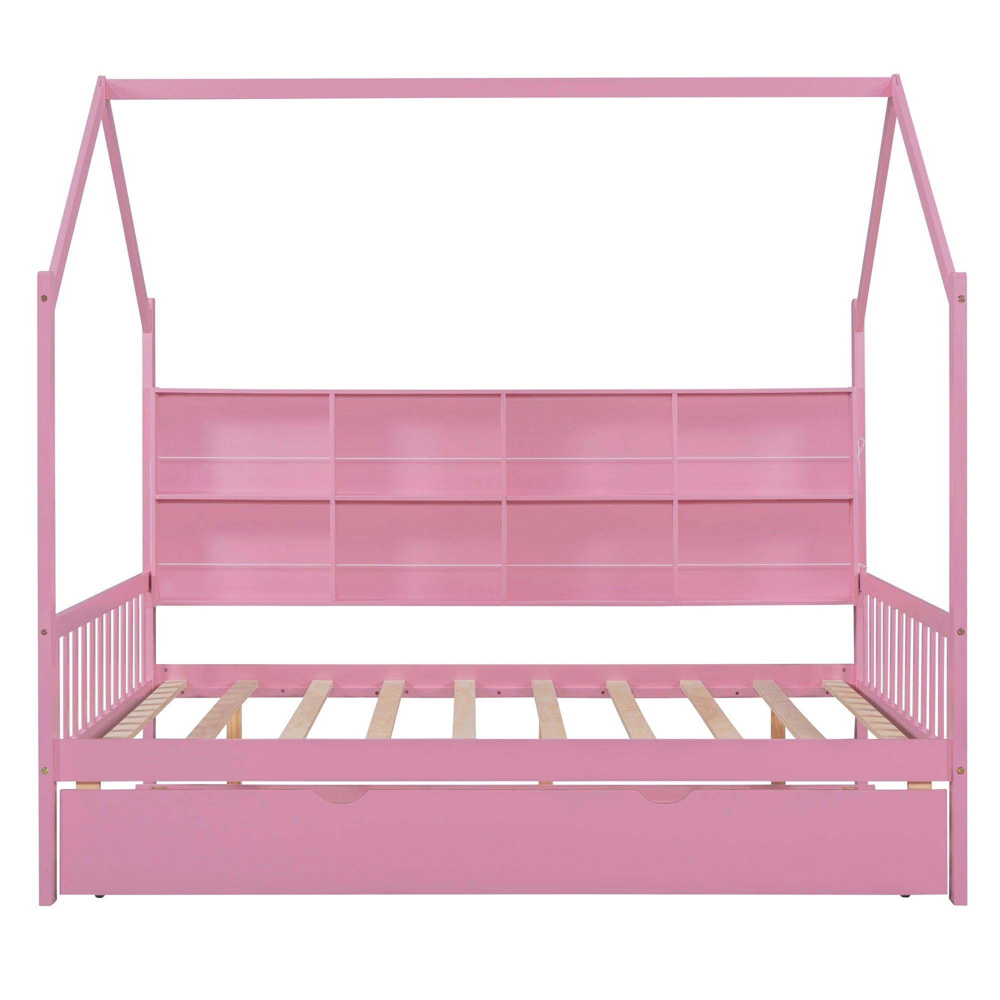 Wooden Full Size House Bed with Trundle,Kids Bed with Shelf,Pink - Atlantic Fine Furniture Melbourne FL