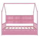 Wooden Full Size House Bed with Trundle,Kids Bed with Shelf,Pink