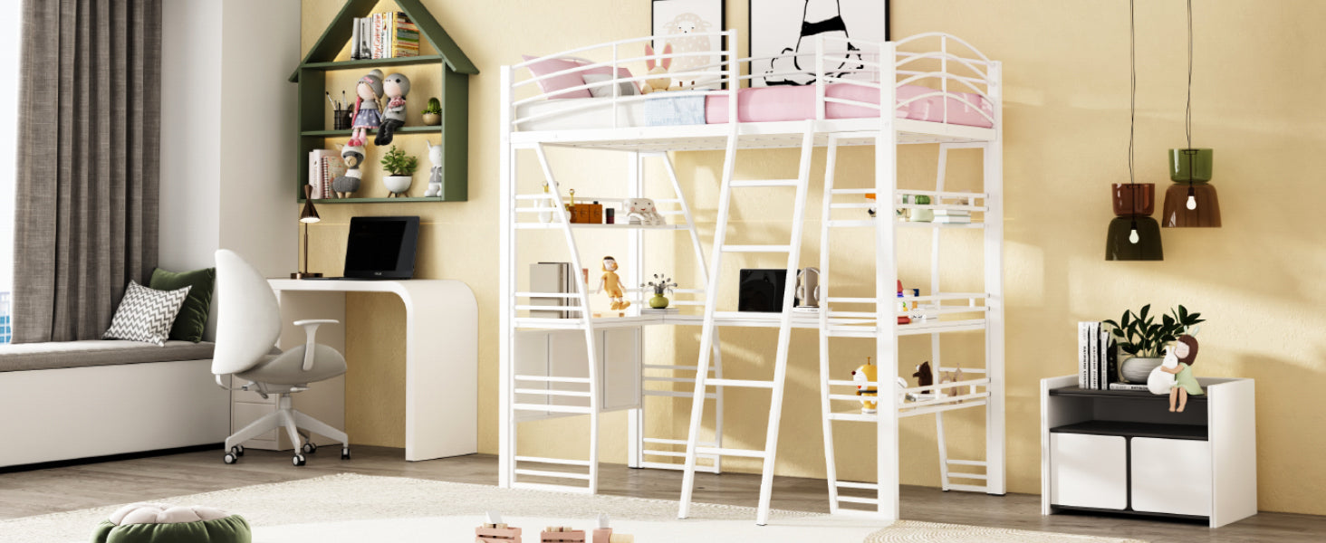 Twin Size Loft Bed with 4 Layers of Shelves and L-shaped Desk, Stylish Metal Frame Bed with a set of Sockets, USB Ports and and Wireless Charging, White - Atlantic Fine Furniture Melbourne FL