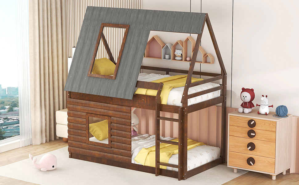 Wood Twin Size House Bunk Bed with Roof, Ladder and 2 Windows, Oak & Smoky Grey - Atlantic Fine Furniture Melbourne FL
