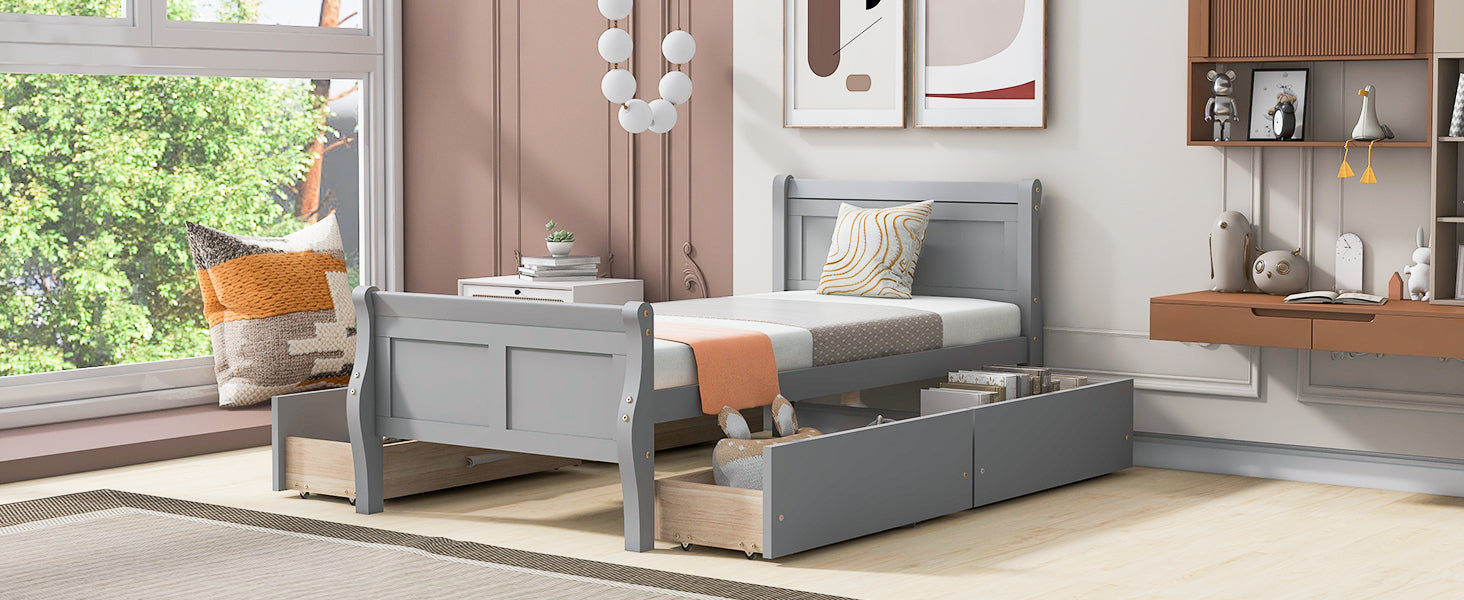 Twin Size Wood Platform Bed with 4 Drawers and Streamlined Headboard & Footboard, Gray - Atlantic Fine Furniture Melbourne FL
