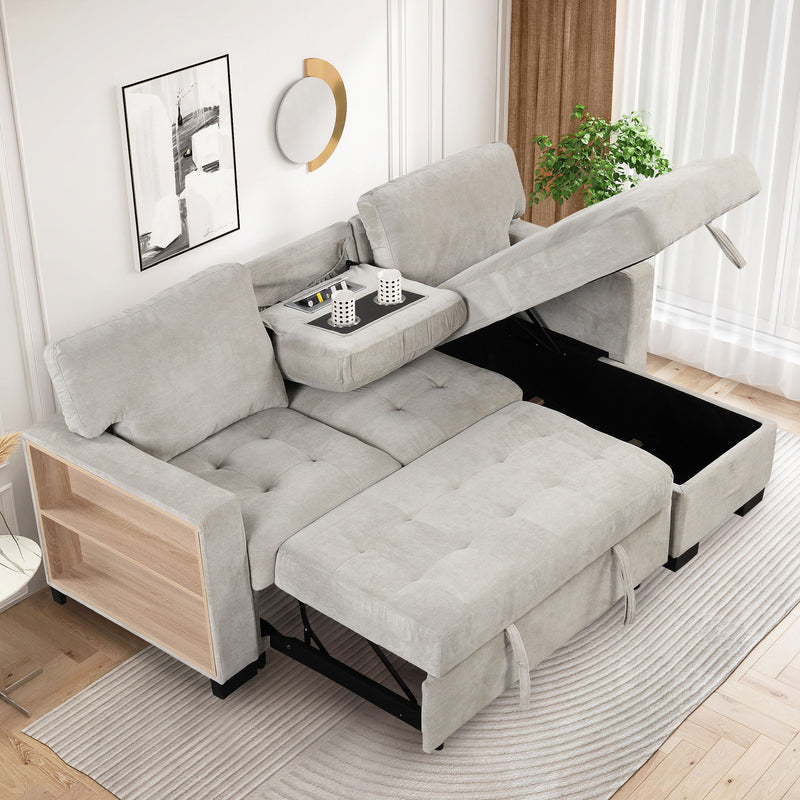 Stylish And Functional Light Chaise Lounge Sectional With Storage Rack Pull-Out Bed Drop Down Table And USB Charger