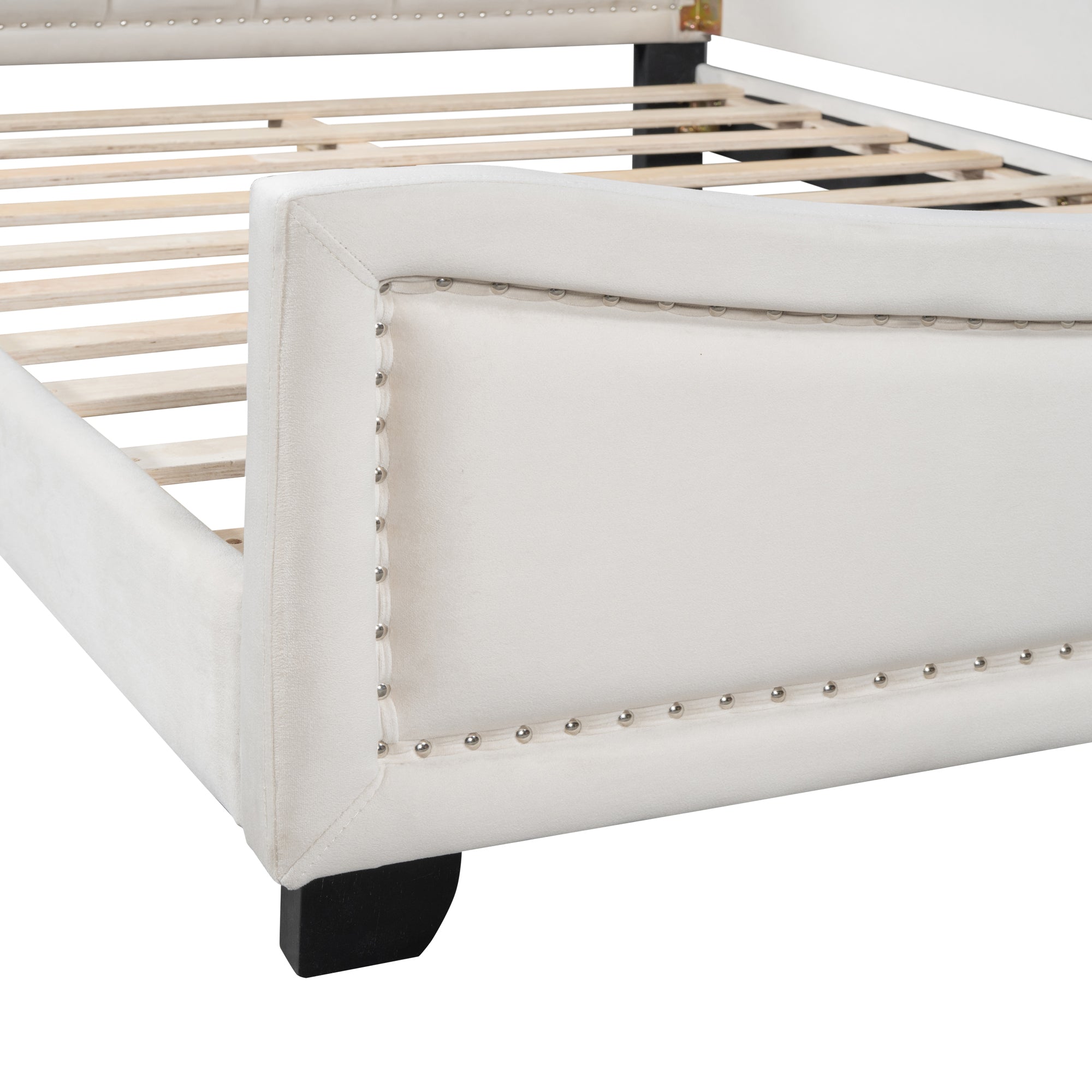 Full Size Upholstered Daybed with Cloud Shaped Headboard, Embedded Elegant Copper Nail Design, Beige - Atlantic Fine Furniture Melbourne FL