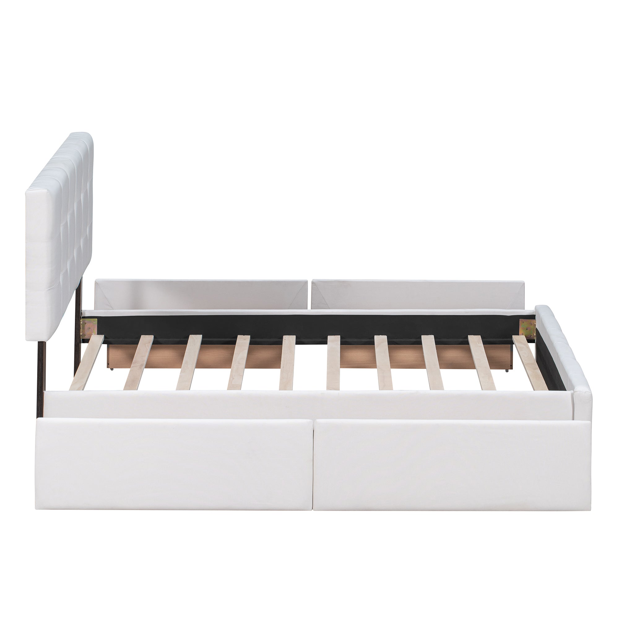 Upholstered Platform Bed with Classic Headboard and 4 Drawers, No Box Spring Needed, Linen Fabric, Queen Size White - Atlantic Fine Furniture Melbourne FL