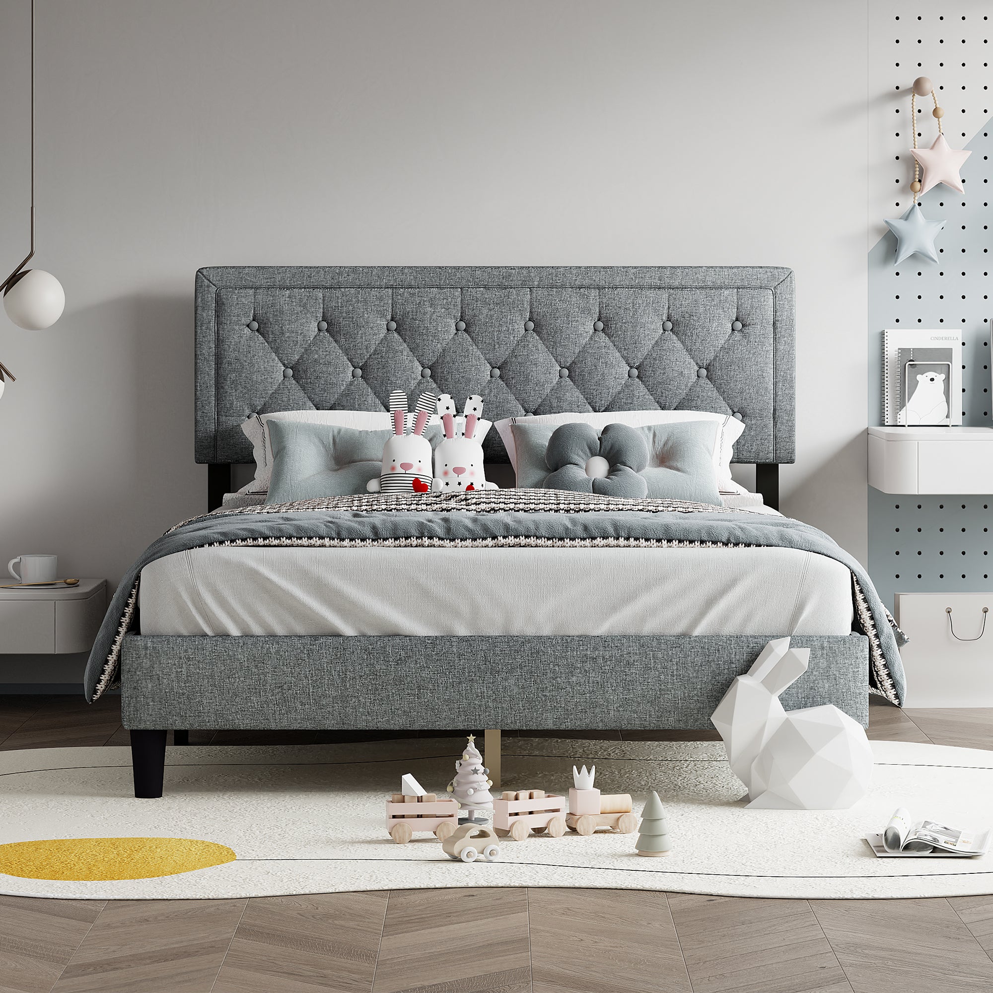 Queen size Panel Bed Frame with Adjustable Button-Tufted Headboard for Bedroom/Linen Upholstered/Wood Slat Support/Easy Assembly,Light Grey