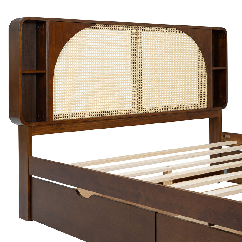 Rattan Headboard Bed With Two Drawers And Trundle