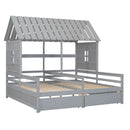 Twin Size House Platform Beds With 2 Drawers For Shared Use - Gray