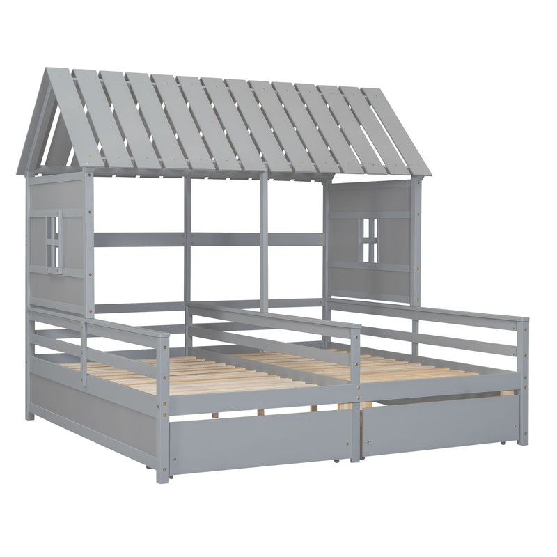 Twin Size House Platform Beds With 2 Drawers For Shared Use - Gray