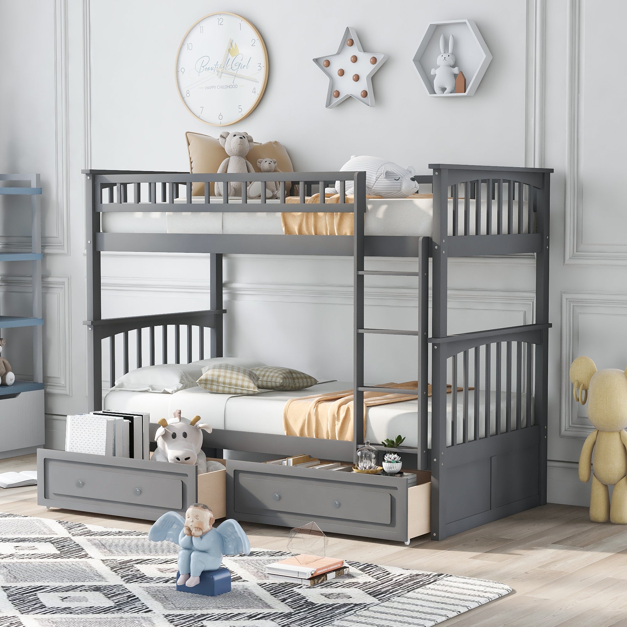 Twin over Twin Bunk Bed with Drawers, Convertible Beds, Gray(Old SKU: SM000240AAE-1) - Atlantic Fine Furniture Melbourne FL