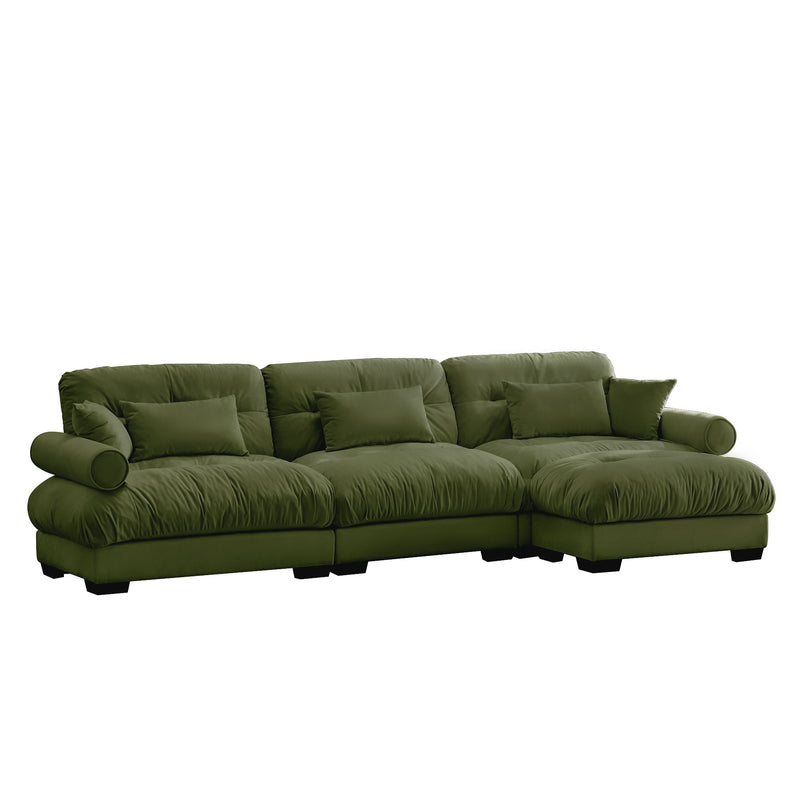 Modern Sectional Sofa With Ottoman, Round Bolster Armrests, Waist And Throw Pillows