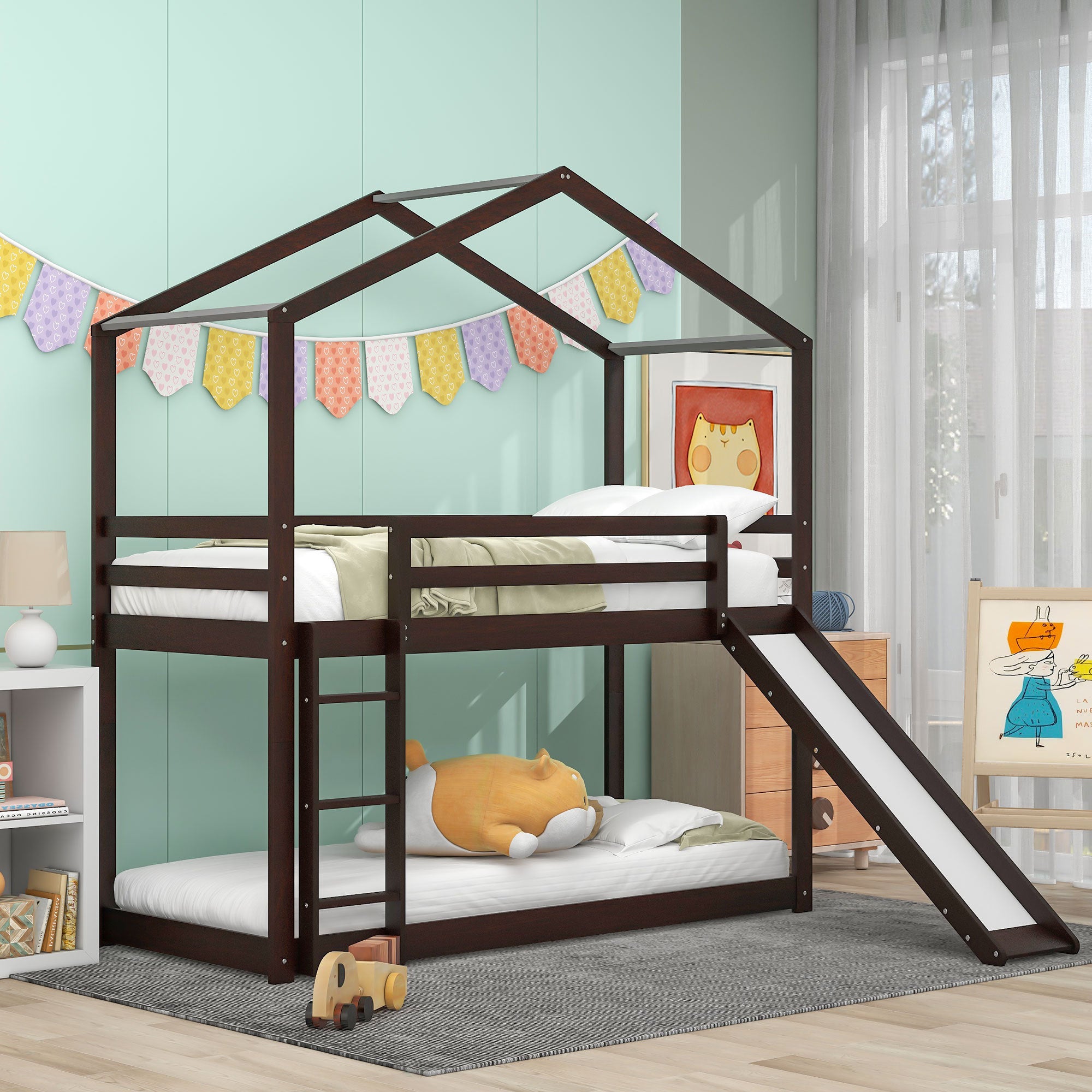 Twin Over Twin Bunk Bed with Roof, Slide and Ladder, Espresso - Atlantic Fine Furniture Melbourne FL