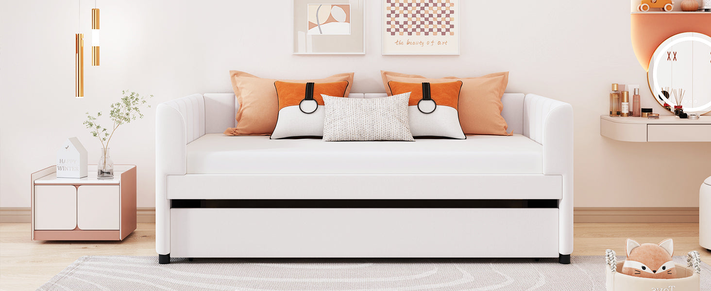 Twin Size Upholstered Daybed with Ergonomic Design Backrest and Trundle, Beige - Atlantic Fine Furniture Melbourne FL