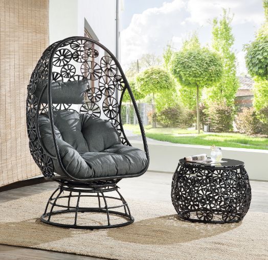 Hikre - Patio Lounge Chair - Clear Glass, Charcaol Fabric & Black Wicker - Atlantic Fine Furniture Inc