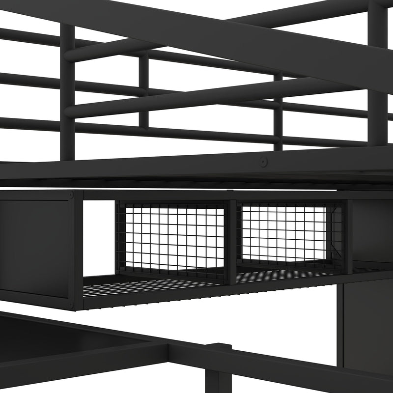 Full Size Loft Bed With Desk Set And Wardrobe - Black