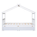 Twin Size Wooden House Bed with Drawers, White