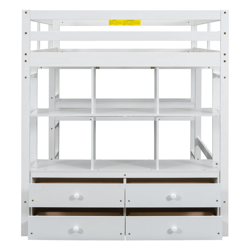 Full Size Loft Bed With Built In Desk, 2 Drawers, Storage Shelves - White