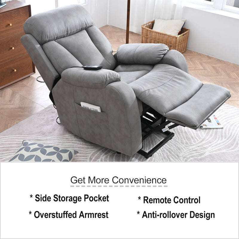 Electric Power Lift Recliner Chair, Fabric Recliner Chair, Home Theater Seating, Living Room Chair, Side Pocket, Remote Control - Light Gray