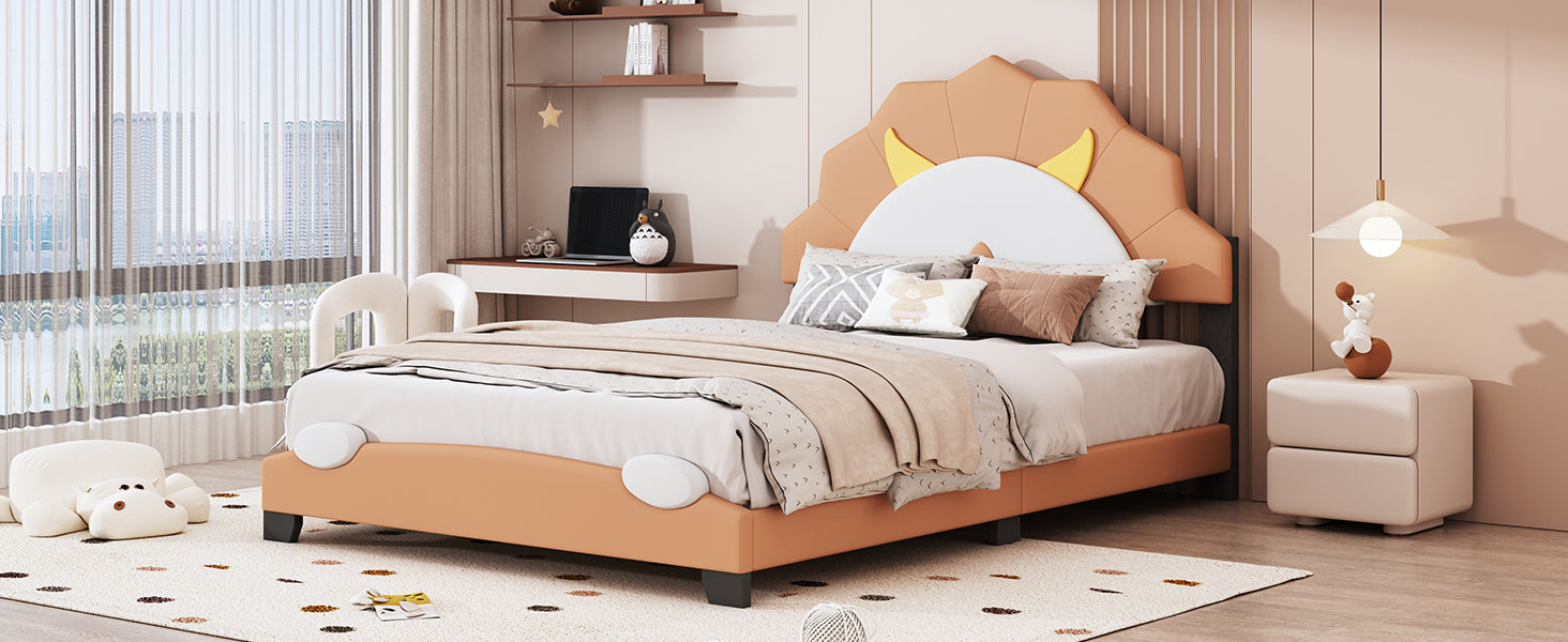 Full Size Upholstered Leather Platform Bed with Lion-Shaped Headboard, Brown - Atlantic Fine Furniture Melbourne FL
