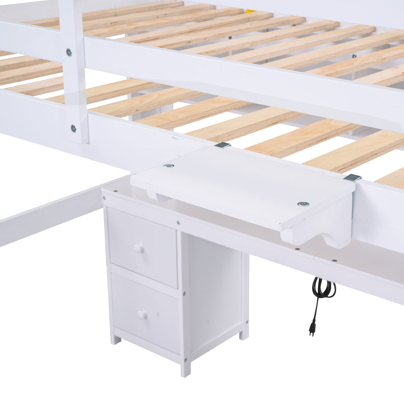 Full Size Loft Bed With Desk, Cabinets, Drawers, Charging Station And Bedside Tray, Sturdy Frame, No Box Spring Required - White