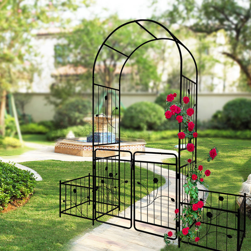 Metal Garden Arch With Gate Wide High Climbing Plants Support Rose Arch Outdoor - Black