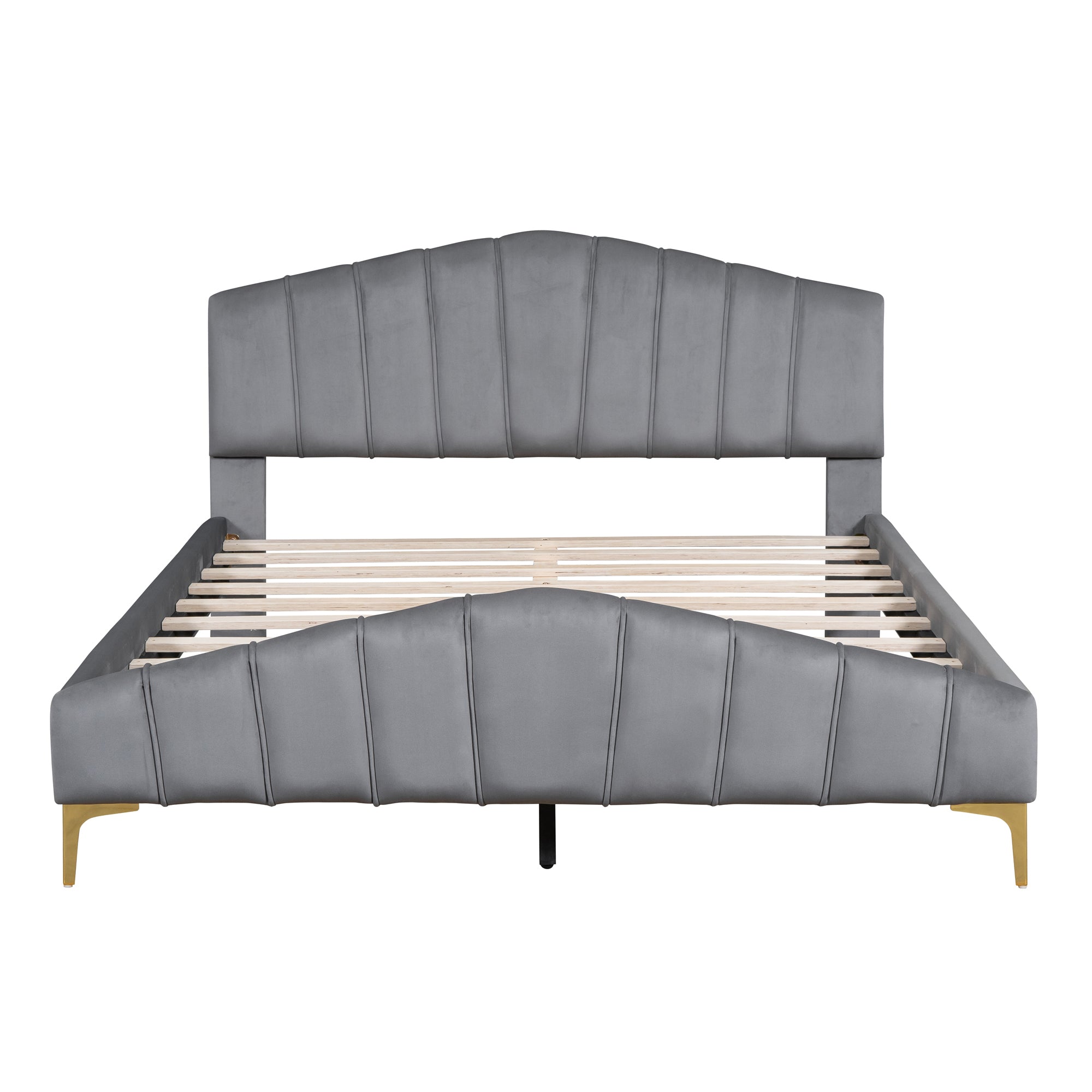 Queen Size Velvet Platform Bed with Thick Fabric, Stylish Stripe Decorated Bedboard and Elegant Metal Bed Leg, Gray - Atlantic Fine Furniture Melbourne FL