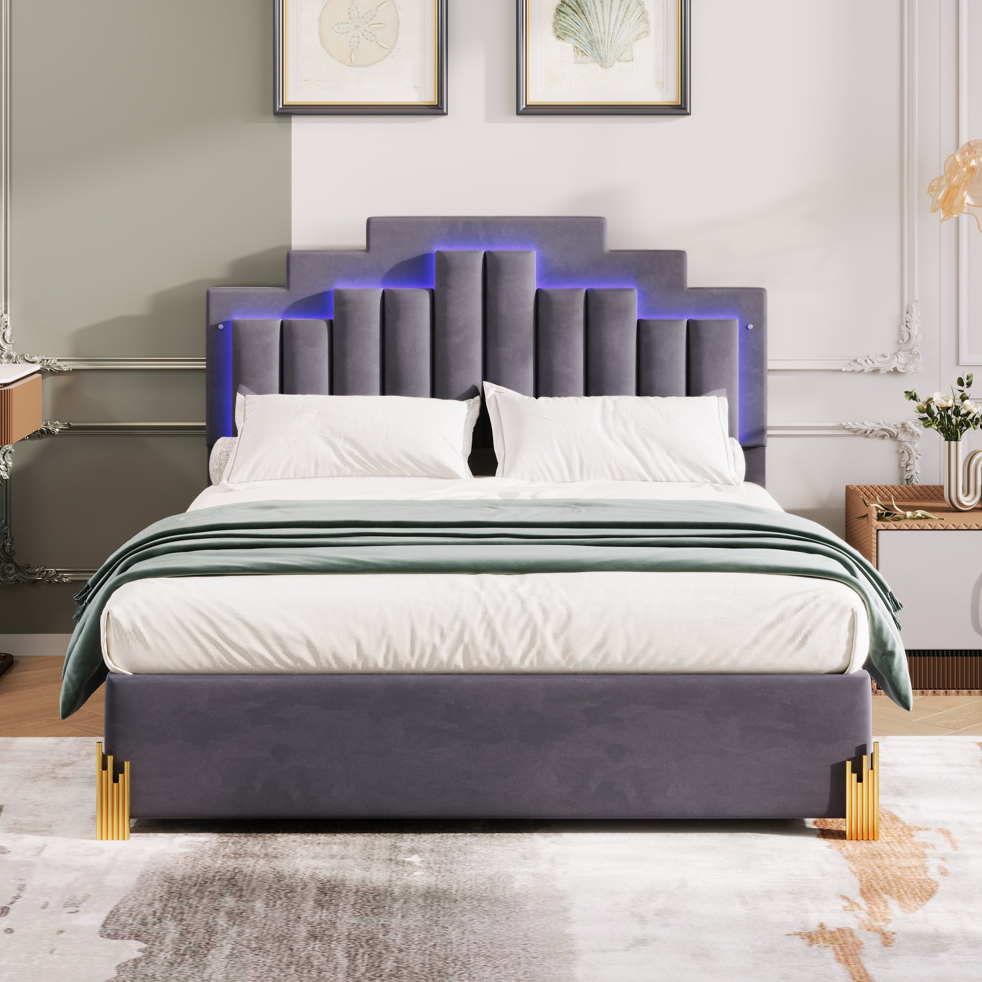 Queen Size Upholstered Platform Bed with LED Lights and 4 Drawers, Stylish Irregular Metal Bed Legs Design, Gray - Atlantic Fine Furniture Melbourne FL
