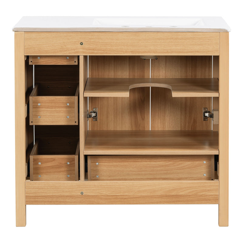 36" Bathroom Vanity, 2 Soft Close Doors, 4 Soft Close Drawers, Adjustable Shelf, Storage Cabinet - Acacia Wood