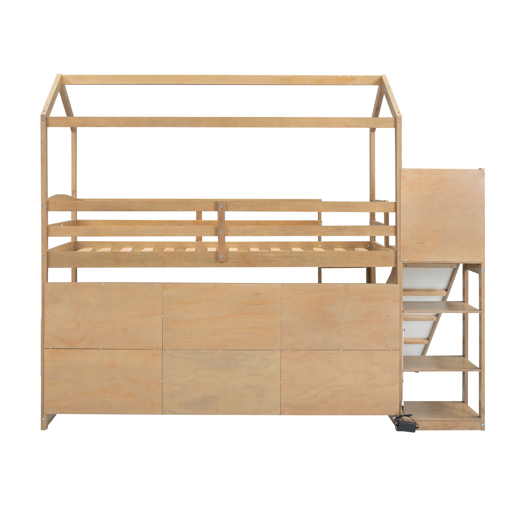 Twin Size Wood House Loft bed with Slide, Storage shelves and Light, Climbing Ramp, Wood Color - Atlantic Fine Furniture Melbourne FL