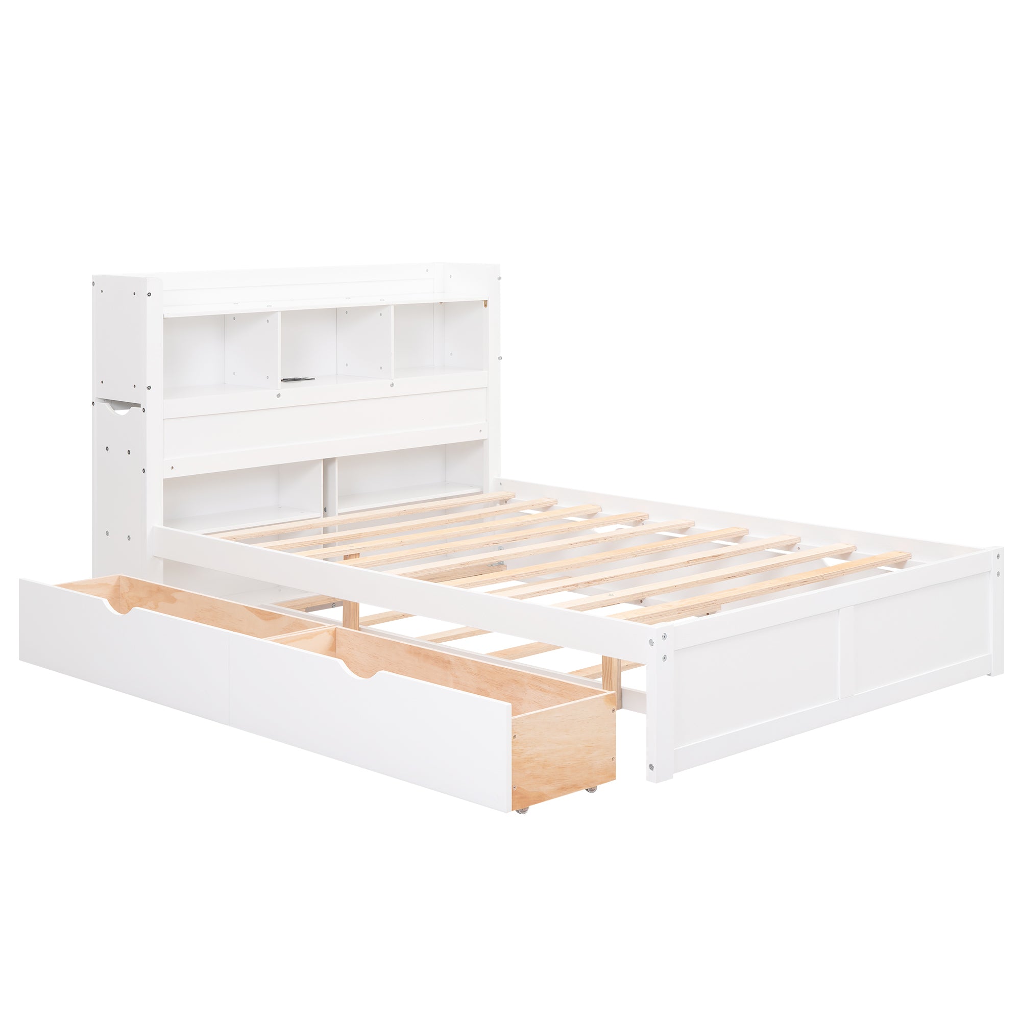 Full Size Storage Platform Bed with Pull Out Shelves, Twin Size Trundle and 2 Drawers, White - Atlantic Fine Furniture Melbourne FL