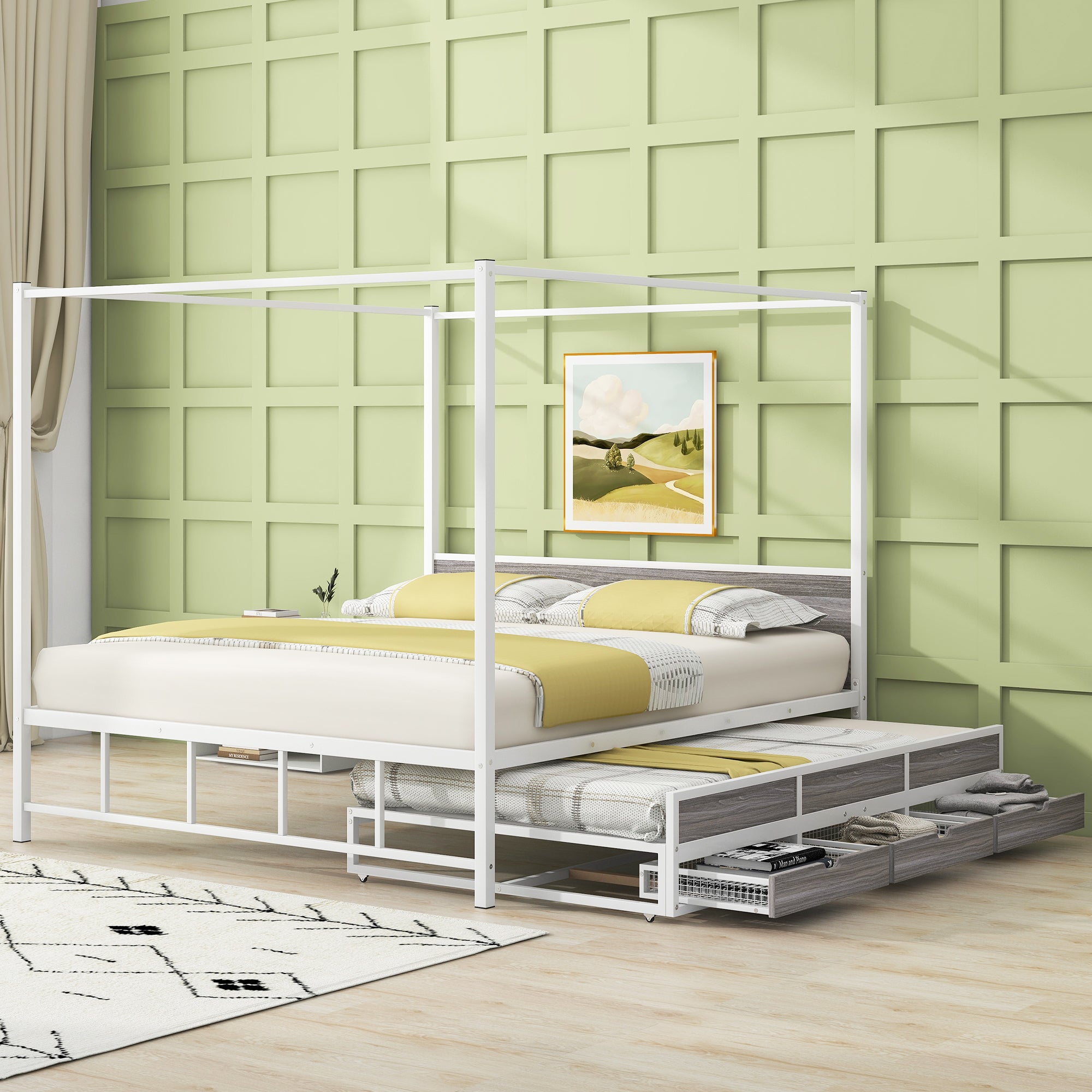 Queen Size Metal Canopy Platform Bed with Twin Size Trundle and 3 Storage Drawers, White - Atlantic Fine Furniture Melbourne FL