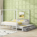 Queen Size Metal Canopy Platform Bed with Twin Size Trundle and 3 Storage Drawers, White