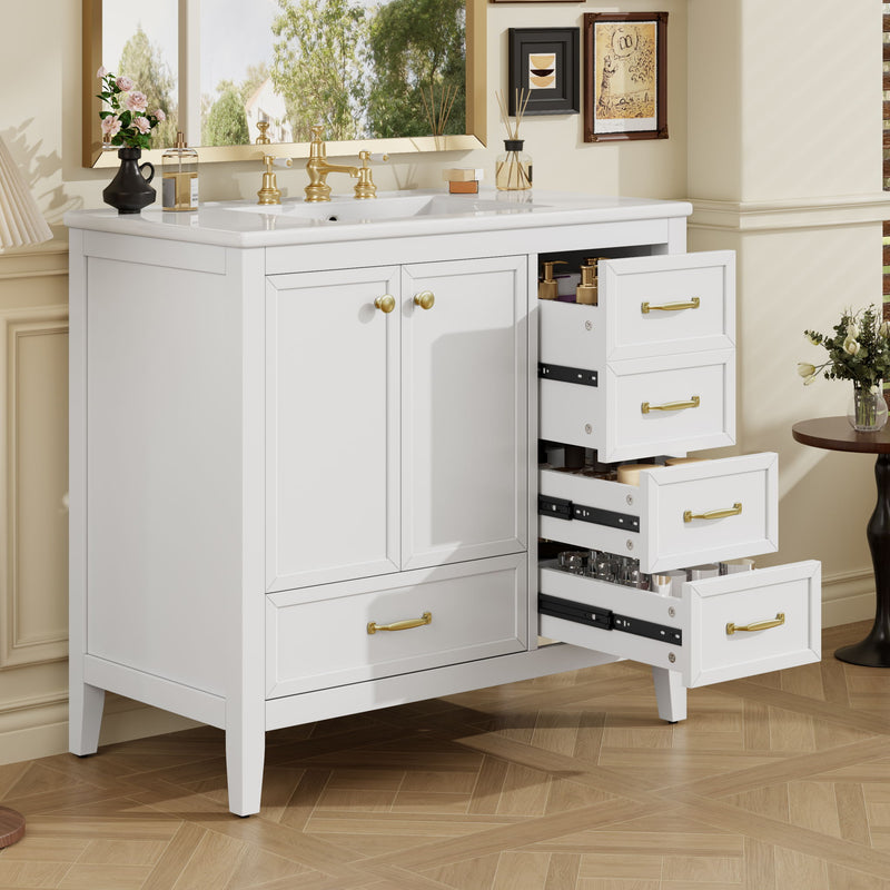 Elegant Vintage Bathroom Vanity With Sink And Soft Closing Door, 4 Drawers Of Different Sizes Frame