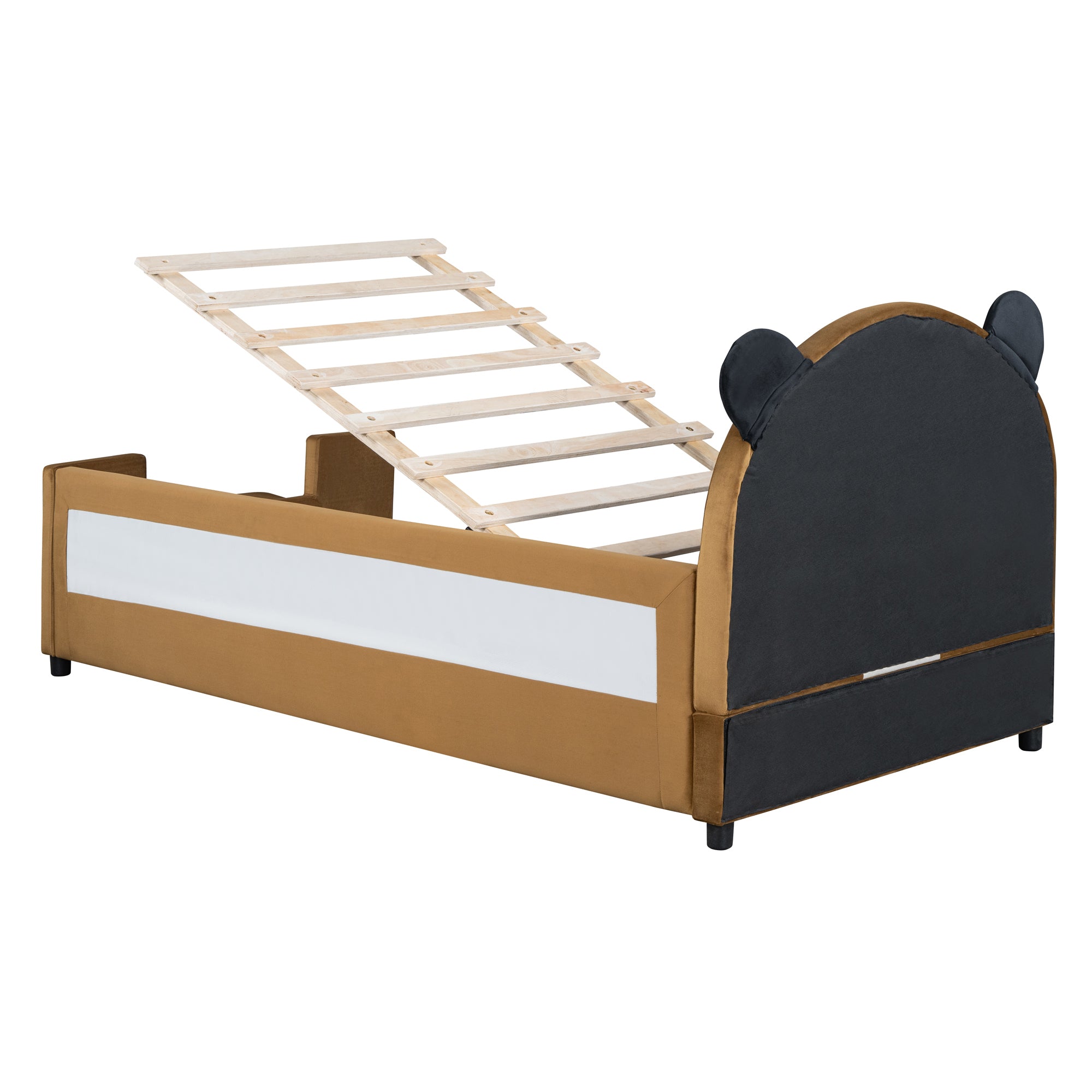 Twin Size Upholstered Daybed with Bear Shaped Headboard, Hydraulic System and Breathable Mesh Fence, Brown - Atlantic Fine Furniture Melbourne FL