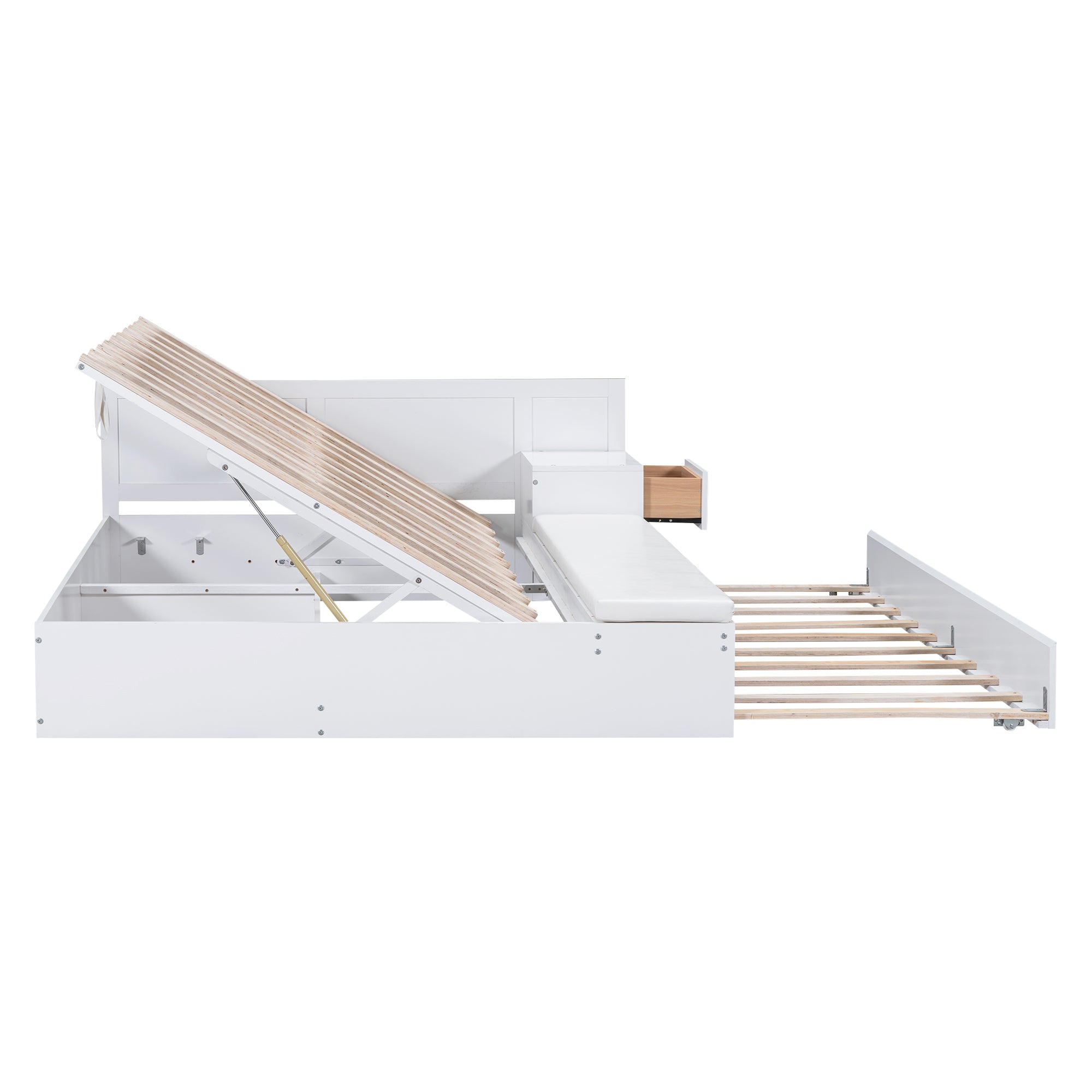 Full Size Wood Storage Hydraulic Platform Bed with Twin Size Trundle, Side Table and Lounge, White - Atlantic Fine Furniture Melbourne FL