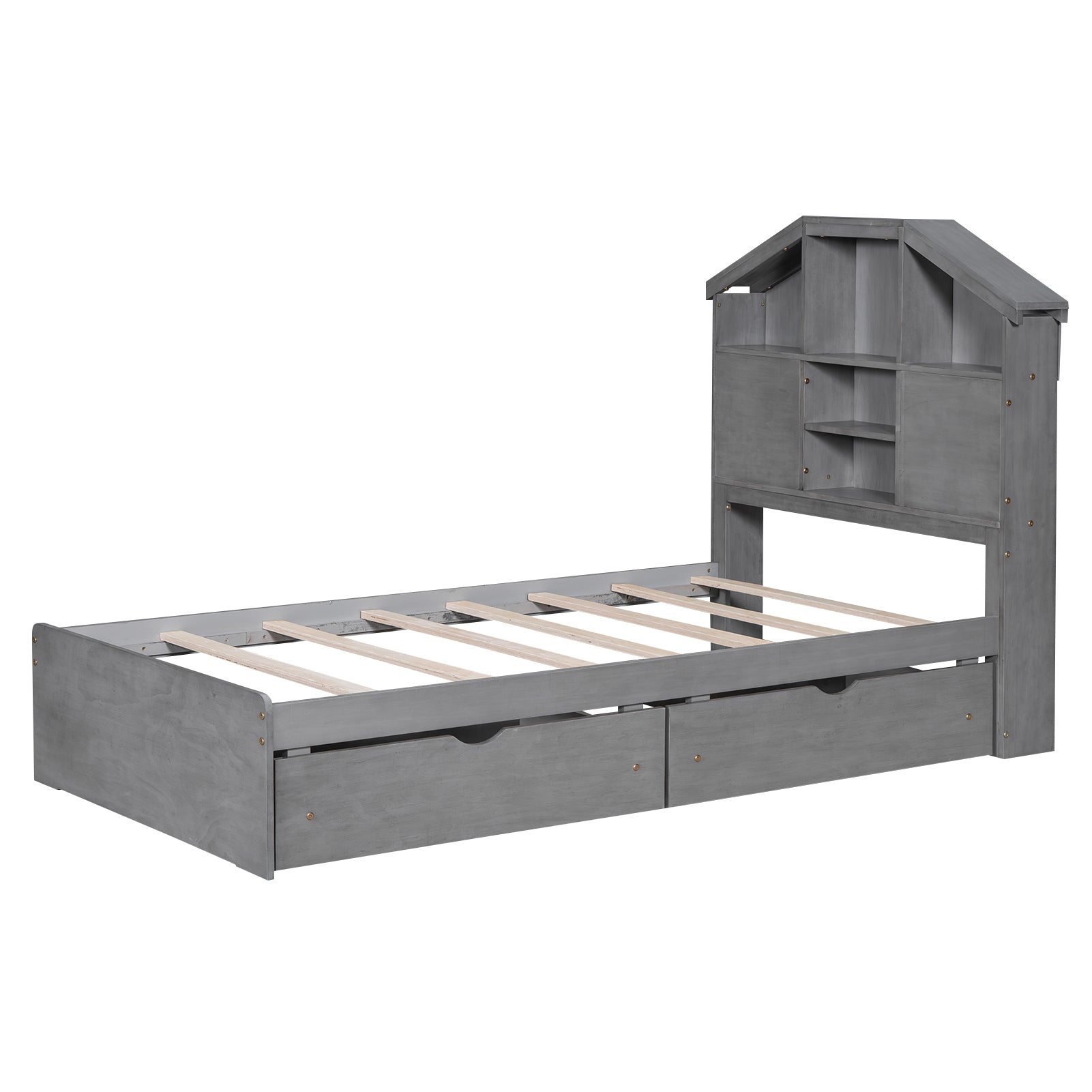 Twin Size Wood Platform Bed with House-shaped Storage Headboard and 2 Drawers, Gray