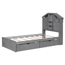Twin Size Wood Platform Bed with House-shaped Storage Headboard and 2 Drawers, Gray