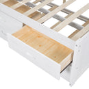 Full Size Platform Bed with Storage Headboard, Charging Station, Twin Size Trundle and 3 Drawers, Antique White