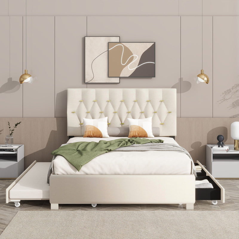 Queen Bed With Pull Out Trundle & Storage Drawers, No Box Spring Required, Space Saving Design - Beige