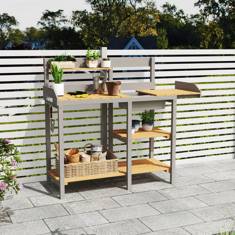 Outdoor Potting - Bench, Workstation Table With Cabinet For Backyard Garden Supplies - Gray / Brown