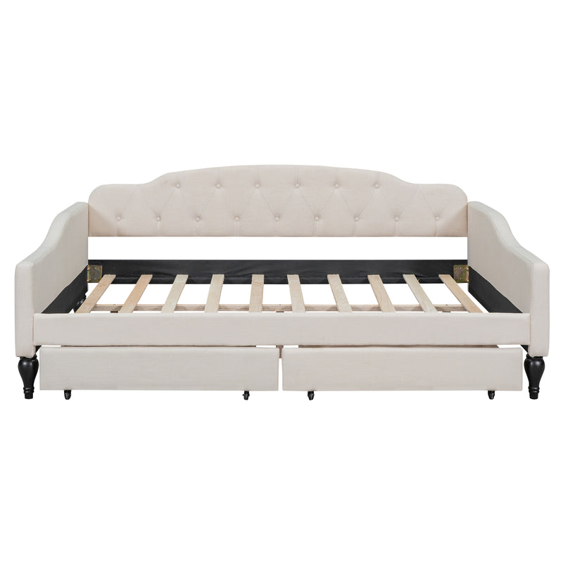 Full Size Upholstered Tufted Daybed with Two Drawers, Beige