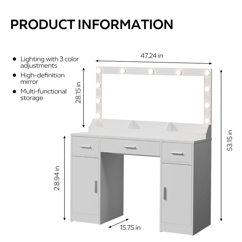 Vanity Desk With Large Mirror, 3 Colour Lighting Modes, Adjustable Brightness, Dresser With 3 Drawers & 2 Vertical Cabinets, Makeup Vanity Table For Women & Girls