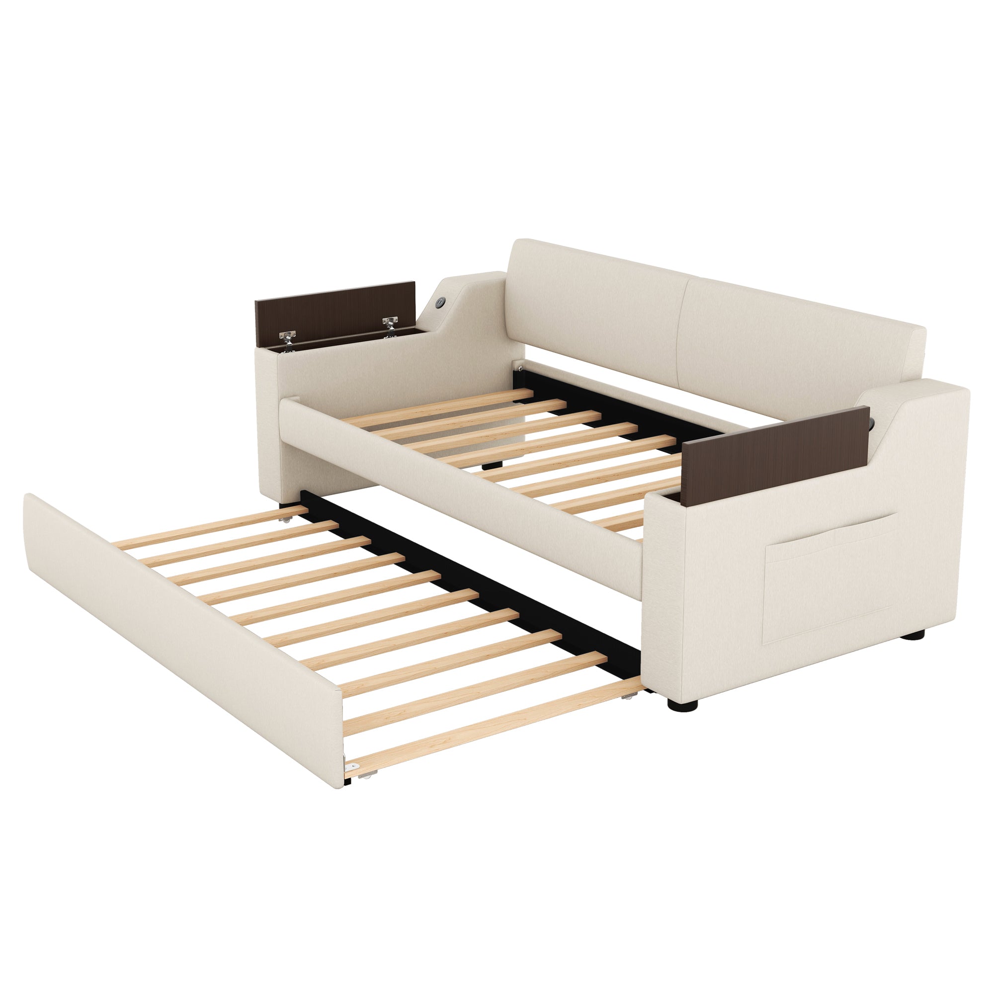 Twin Size Upholstery Daybed with Storage Arms, Trundle and USB Design, Beige - Atlantic Fine Furniture Melbourne FL