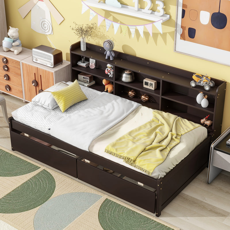 Twin Bed with Side Bookcase, Drawers ,Espresso